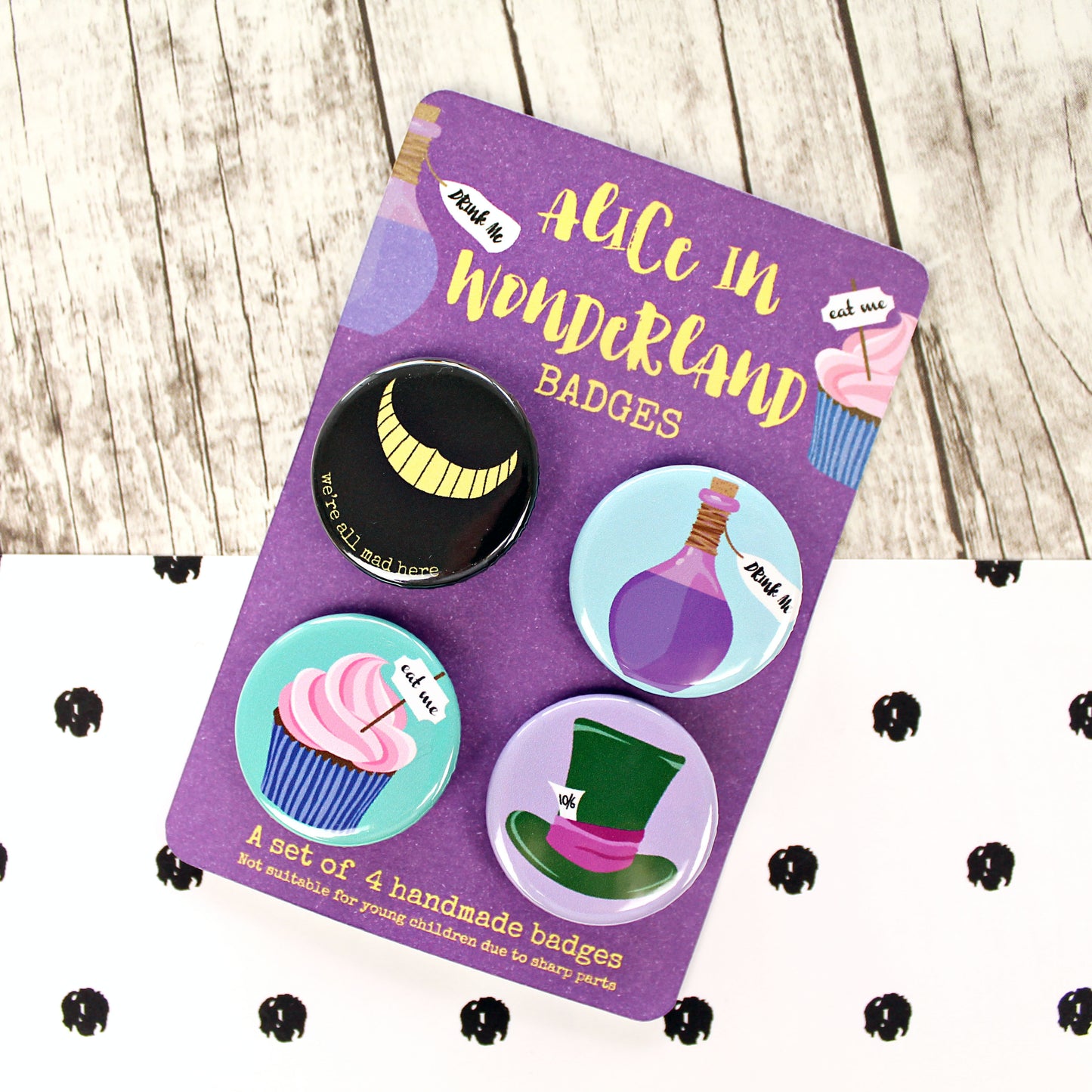 Colourful Alice in Wonderland badges