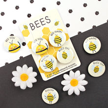 Load image into Gallery viewer, Bee badges with bee word puns