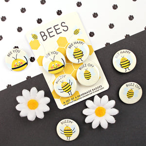 Bee badges with bee word puns