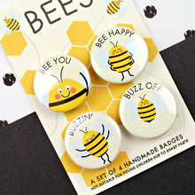 Load image into Gallery viewer, Fun and cute bee badges with word puns
