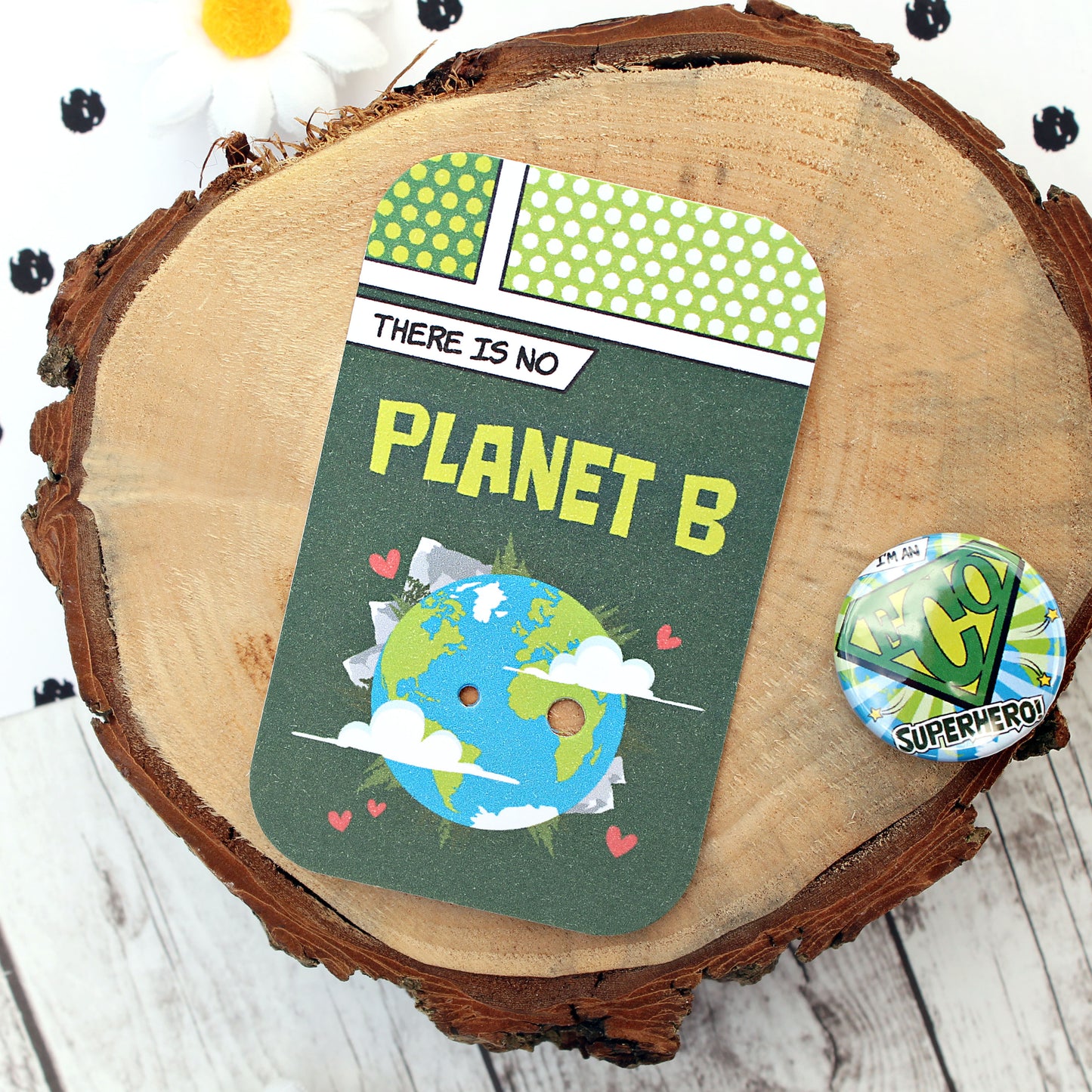 Eco Superhero badge and packaging