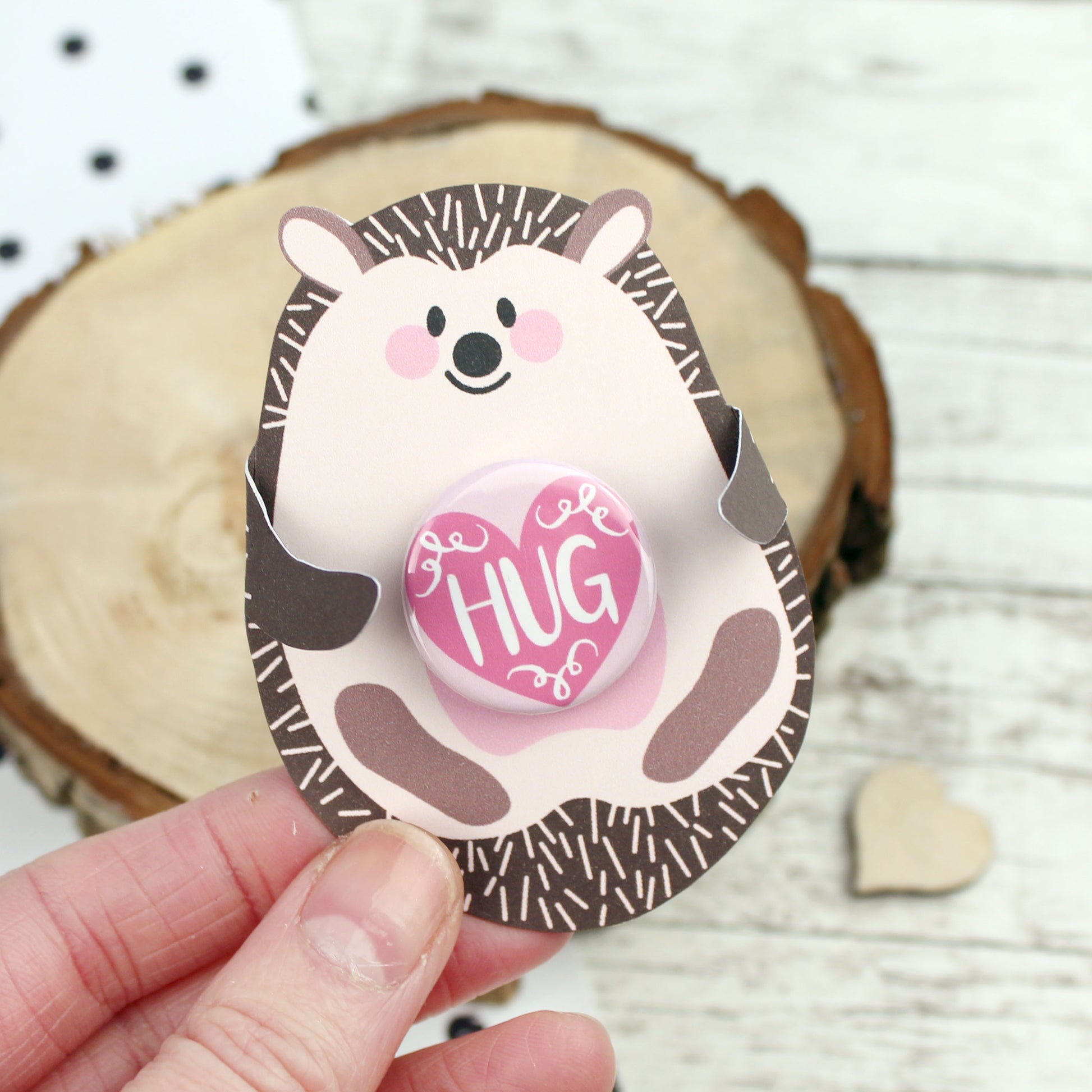 Hug badge with a hedgehog